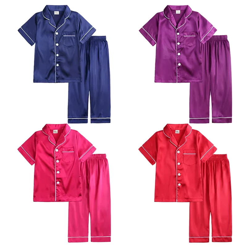 CHINEE Custom Infant Baby Boy Girl Pajamas Silk Top Pant Long Sleeve Solid Satin Short Set Nightgown Child Two Piece Kid Sleepwear Sets