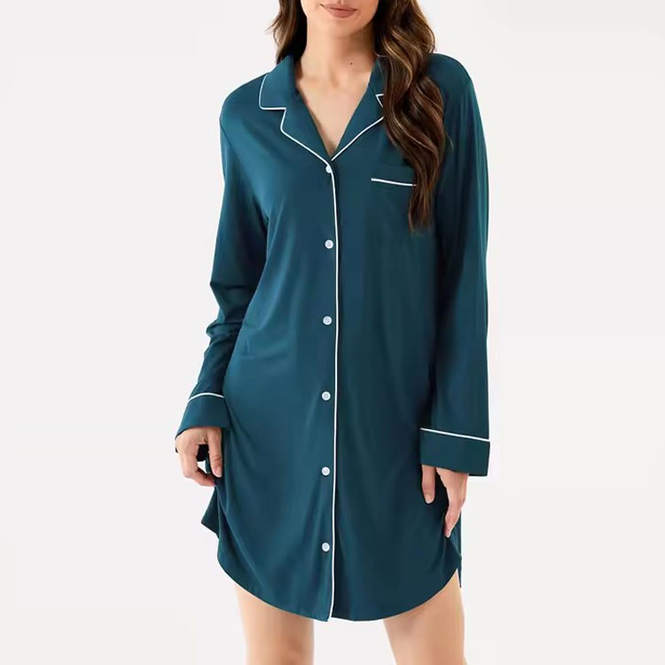 CHINEE Custom Logo 95% Modal, 5% Spandex Plain Modal Pajamas Pocket Front Nightgown Sleep Dress Button Down Modal Sleepshirt for Women