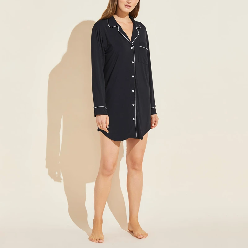 CHINEE Custom Logo Design Plain Modal Pajamas Women Pocket Front Nightgown Sleep Dress Button Down Long Line Sleep Shirt pajama set custom