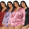 CHINEE Custom Logo Long Sleeve Nightgown Shirt Satin Pajamas Plus Size Women's Sleepwear