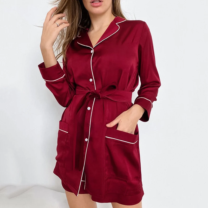 CHINEE Custom Logo Long Sleeve Nightgown Shirt Satin Pajamas Plus Size Women's Sleepwear