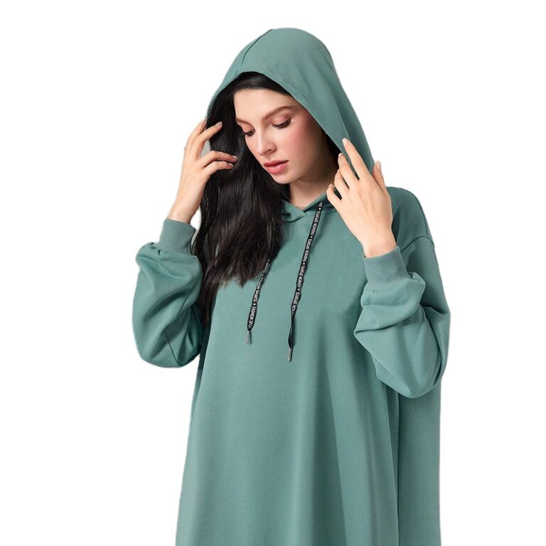 CHINEE Custom Logo Muslim Women's Hooded Sweatshirt Drawstring Fleece Terry Lightweight Long Sleeve Pullover Hoodie Dress With Logo