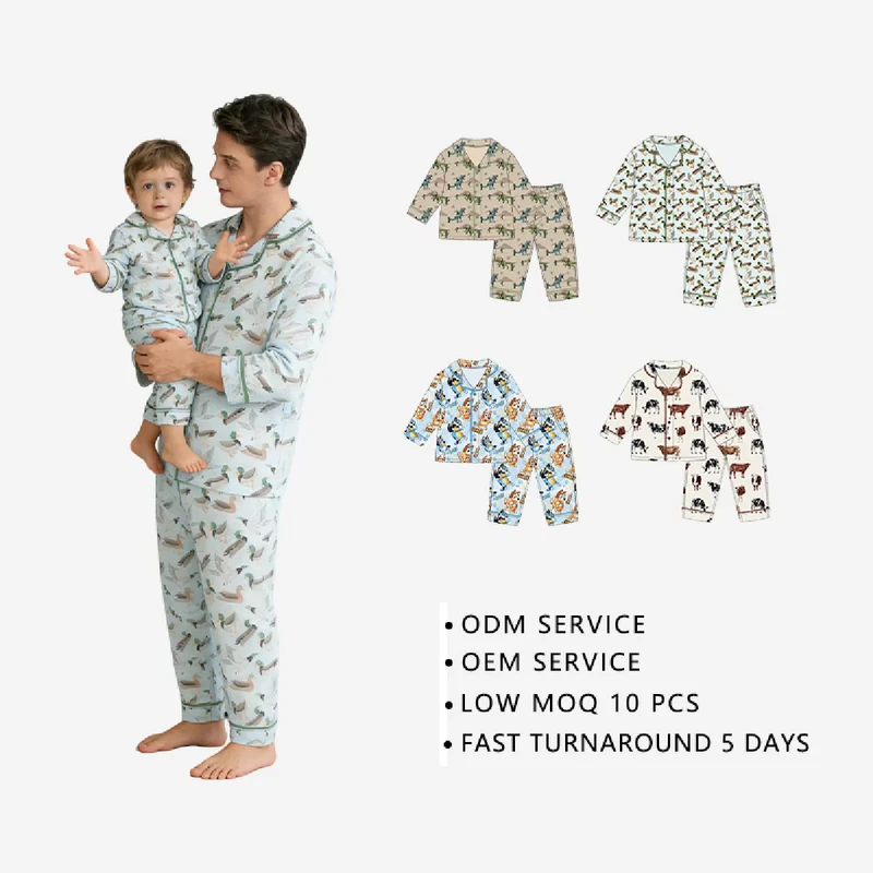 CHINEE Custom Logo OEM ODM Family Bamboo Fiber Pajama Set Lapel Collar Piping Long Sleeve Long Pants Matching Loungewear