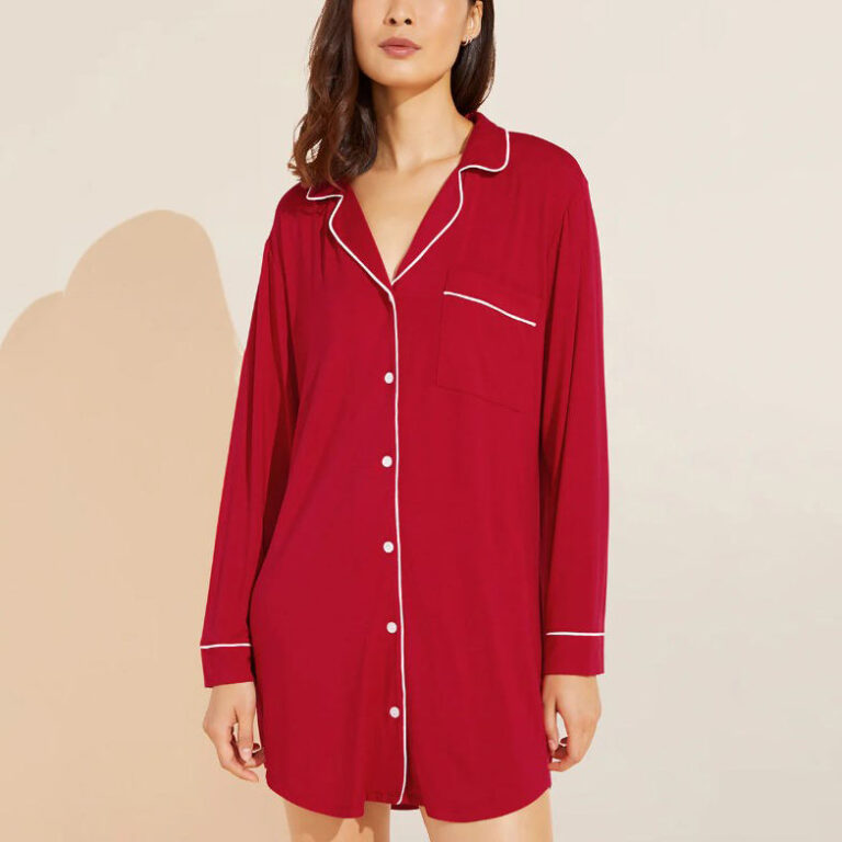 CHINEE-Custom-Logo-Plain-Modal-Pajamas-Pocket-Front-Nightgown-Sleep-Dress-Button-Down-Modal-Sleepshirt-for-Women-Pajama-Set-Custom