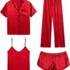 CHINEE Custom Logo Private Label 100% Mulberry Silk Women's Pajama Set Front Logo Short Sleeve Satin Fabric Spring Casual Sleepwear