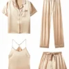 CHINEE Custom Logo Private Label 100% Mulberry Silk Women's Pajama Set Front Short Sleeve Satin Fabric Breathable Winter Casual