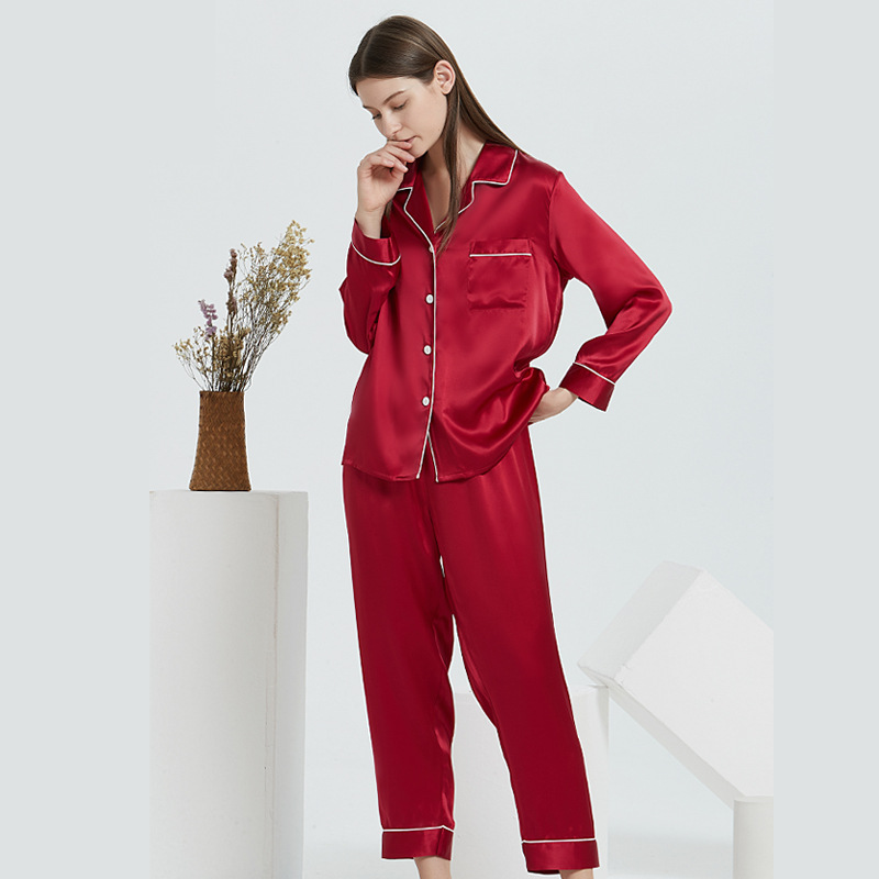 CHINEE Custom Logo Red Silk Pajama Set Satin Soft Ladies Home Premium Button Style Pajamas Set