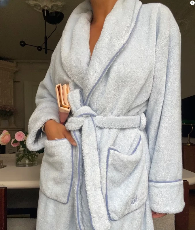 CHINEE Custom Logo Soft Plush Loose Classic Terry robe Fluffy Contrasting Piping Shower Morning Bath robe