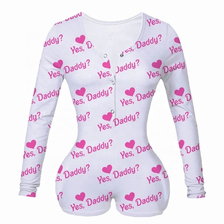 CHINEE Custom Long Sleeve Bodysuit Yes Daddy Printing Sexy Pajamas Summer Adult V neck Jumpsuit Onesie for Women