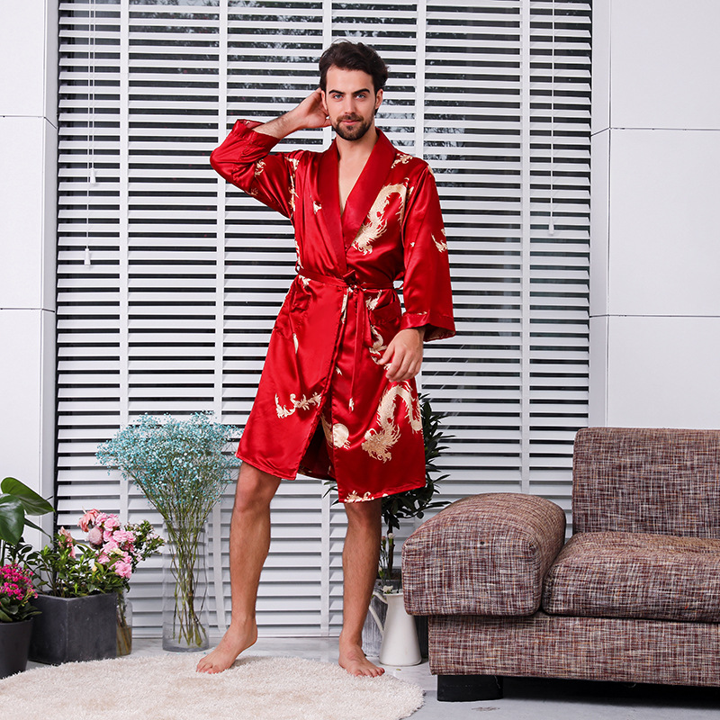 CHINEE Custom Men's Summer Breathable Imitated Silk Long Sleeve Bathrobe Pajamas Set Pockets Solid Pattern European American Style