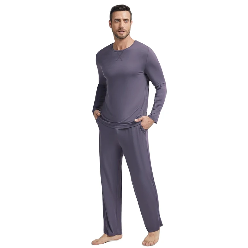 CHINEE Custom Men's Tencel Modal Pajama Set Long Sleeve Crew Neck Lounge Wear with Pockets Bamboo Pajamas Mens