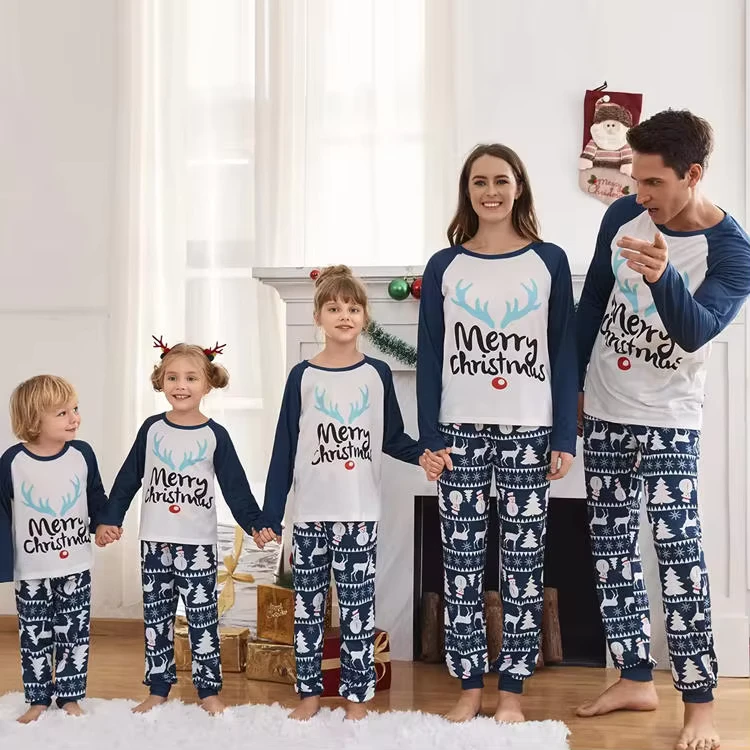 CHINEE Custom Navy Blue Family Christmas Pajama Deer Print Cotton Kids Christmas Pajamas Bamboo Family Pj Sets Women Christmas Pajamas