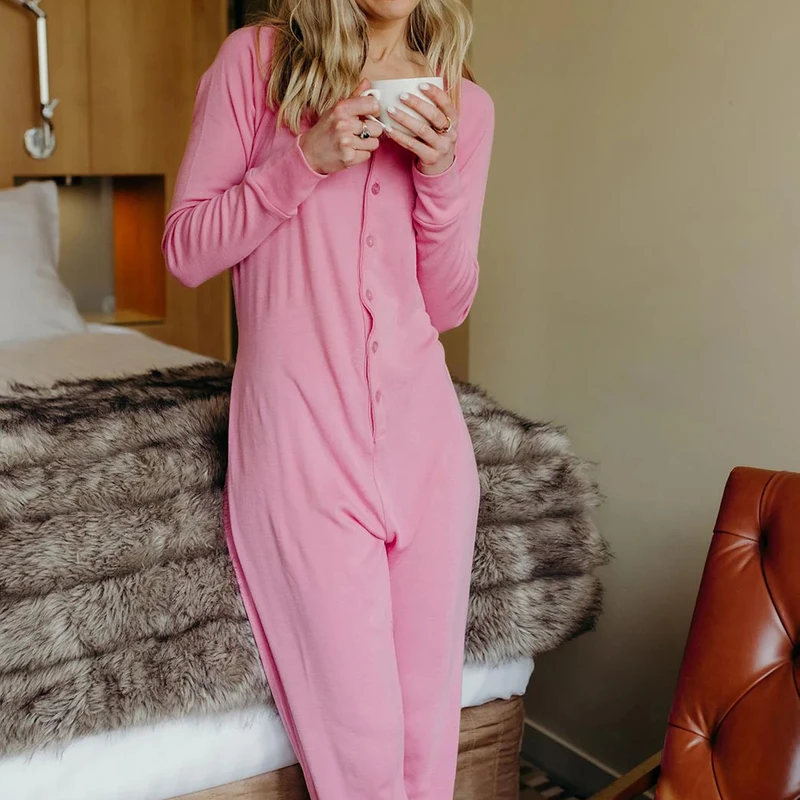 CHINEE Custom One Piece Onesie for Adults O Neck Long Sleeve Pajamas Bamboo Fabric Plus Size New Model for Women Sleepwear