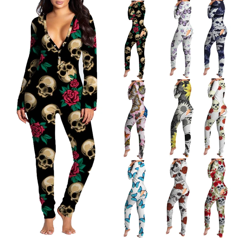 CHINEE Custom Open Crotch Adult Pajamas With Butt Flap for Women Pyjama Femme One Piece Printed Onesie