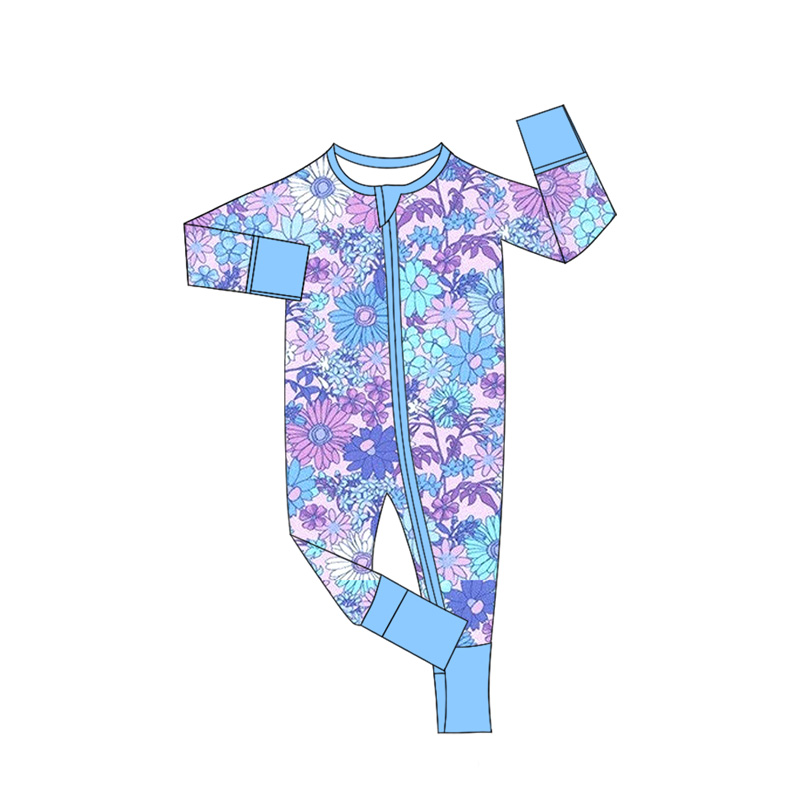 CHINEE Custom Organic Bamboo Viscose Blue Flowers Baby Pjs Sleepsuit Kids Toddle Bamboo Zipper Pajamas Baby Bamboo Pyjamas Sleeper