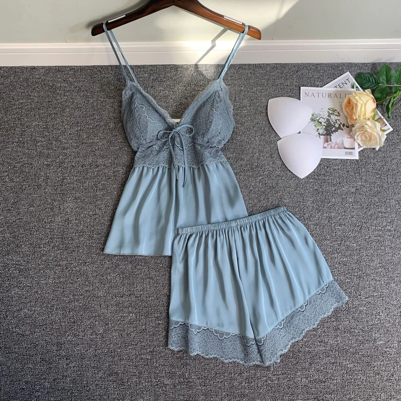 CHINEE Custom Pajama Women's Ice Silk Satin Camisole Shorts Two Piece Lace Pajama Set
