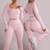 CHINEE Custom Pink Yoga Set Women's Ballet Inspired Ruffled Long Sleeve Butt Lifting Leggings Comfortable Soft Gym Running Activewear