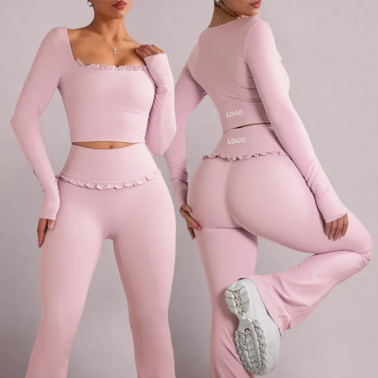 CHINEE Custom Pink Yoga Set Women's Ballet Inspired Ruffled Long Sleeve Butt Lifting Leggings Comfortable Soft Gym Running Activewear