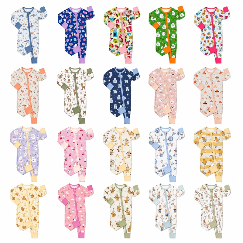 CHINEE Custom Print Bamboo Spandex Cute Newborn Baby Kids Long Sleeve Girls Boy Pajamas Romper Zipper Clothes Set