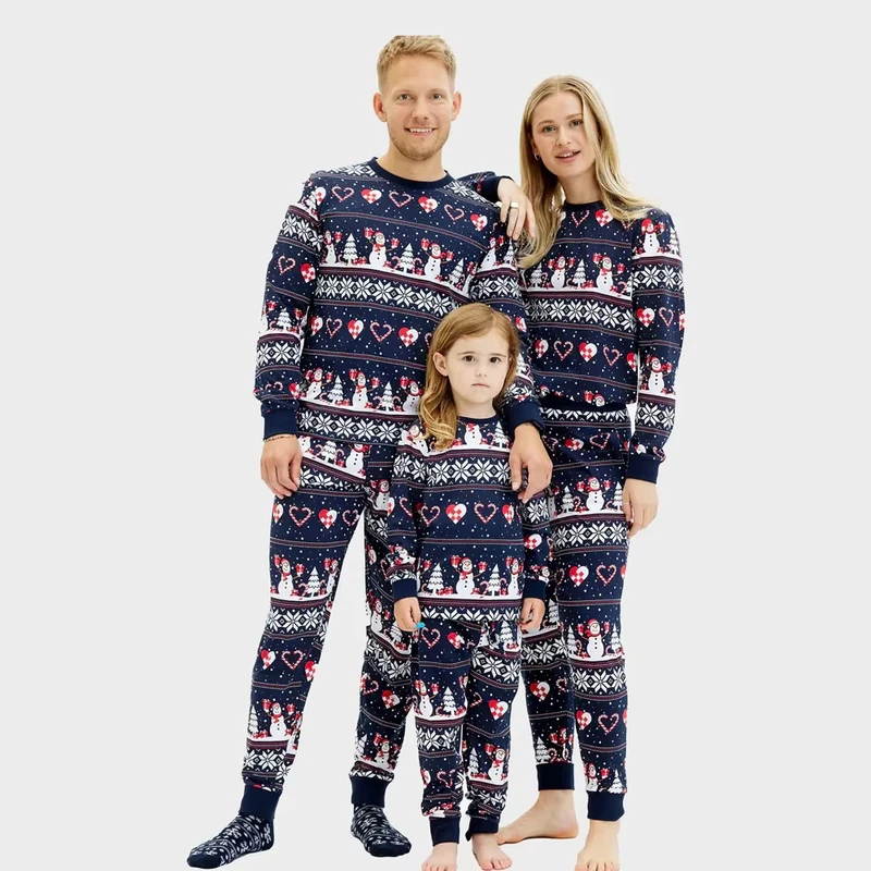 CHINEE Custom Print Logo Family Christmas Pajama Blue Cotton Kids Christmas Bamboo Family Sleepwear Pj Sets Matching Pajamas