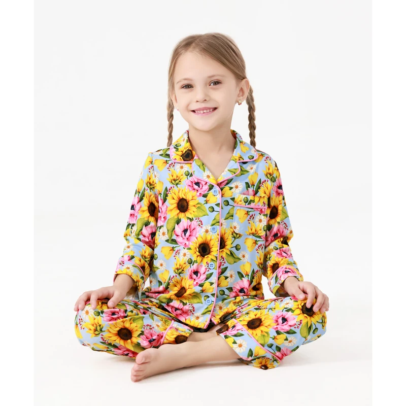 CHINEE Custom Printed Flower Pattern Toddler Girls Bamboo Spandex Pajama Set Comfortable Pantyhose Tights Long Sleeves