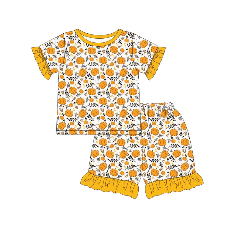 CHINEE Custom Printed Kids Baby Pumpkin Girls Pajamas for Kids Ruffled Shorts Pajamas