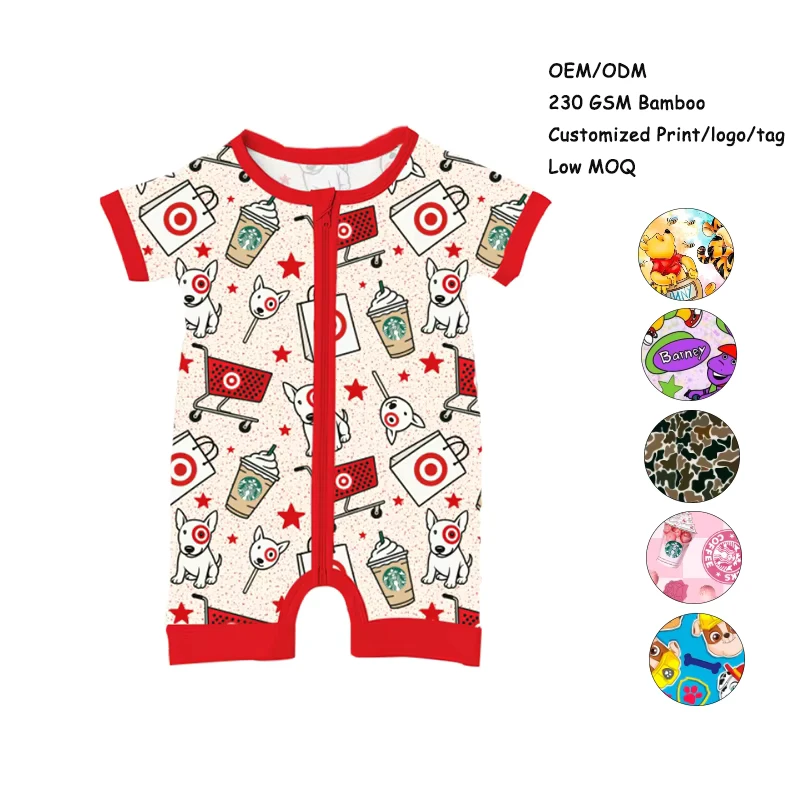 CHINEE Custom Printed Unisex Baby Bamboo Shortie Short Sleeve Bamboo Baby Zippy Pajamas Romper Onesie 2-Way Zipper Baby Short Zippy
