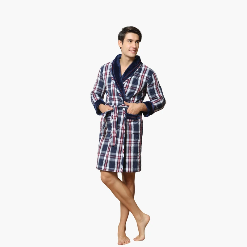 CHINEE Custom Robes Luxury Men's Plaid Terry Cotton Bathrobe Long Spa Robe OEM ODM Plus Size Soft Breathable Home Sleepwear