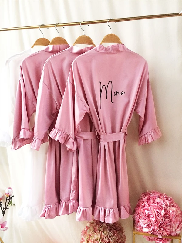 CHINEE Custom Satin Kimono Robe with Personalized Name for Wedding Gown Bachelorette Party Bridesmaid Knee Length Front Logo
