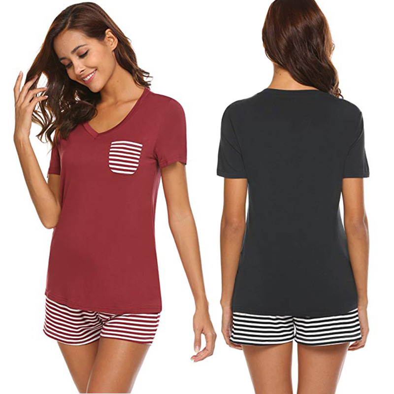 CHINEE Custom Short Sleepwear for Women Striped Round Neck Short Sleeve for Ladies With 2 Pcs