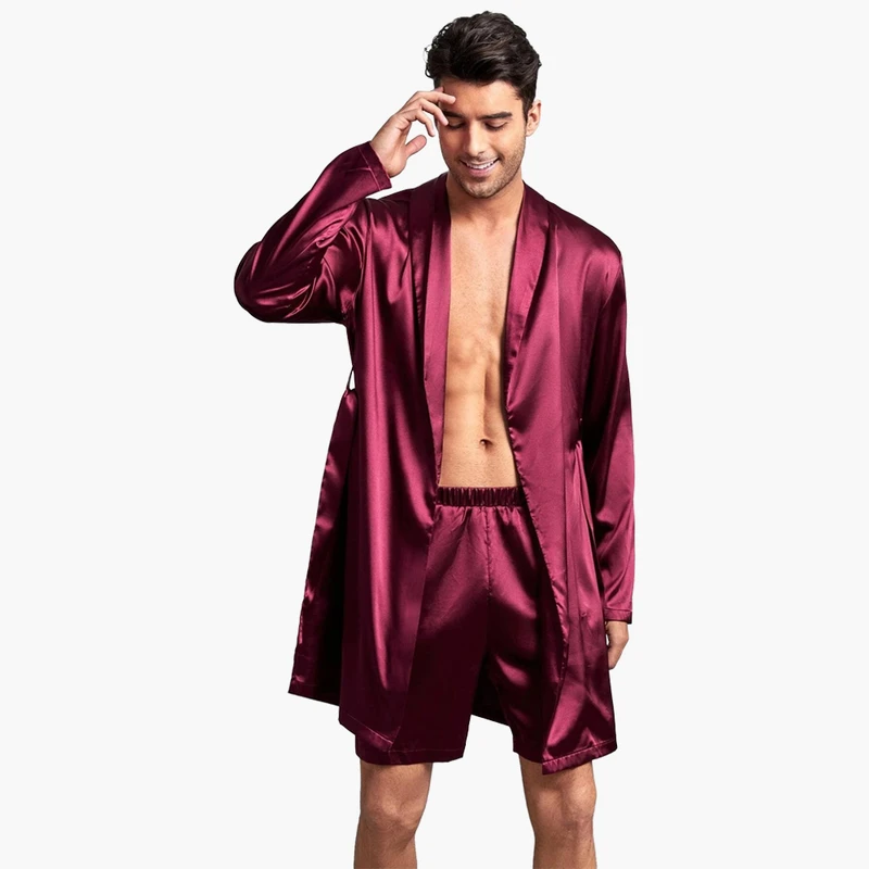 CHINEE Custom Silk Satin Robes Shorts Sets For Men Solid Luxury Belted Bath Robe Solid Spa Silk Robe Men Night Wear