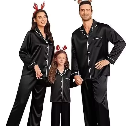 CHINEE Custom Solid Color Silk Satin Matching Family Pajamas Sets Long Sleeve Elastic Waist Front Nightwear Adults Kids Loungewear
