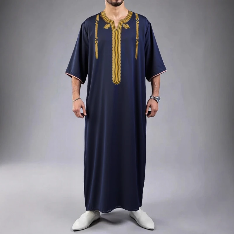 CHINEE Custom Styles Logos ODM Moroccan Men's Arab Thobe Kaftan Long Dress Exquisite White Embroidery Islamic Robe Summer Ankle Length