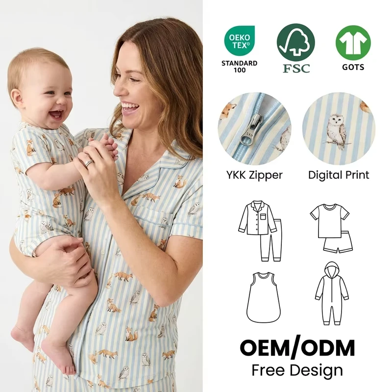 Custom Summer Cute Print Breathable Newborn Baby Clothes Mommy and Me Matching Pajamas Bamboo Women Pajamas Set