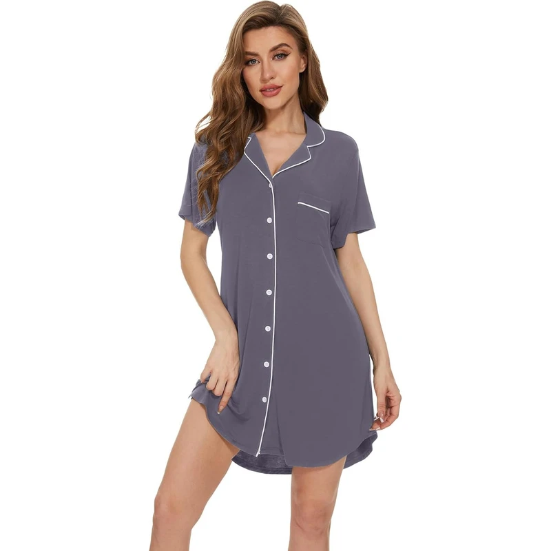 CHINEE Custom Summer Night Pajamas Women's Viscose Bamboo Short Sleeve Nightgown Button Down Sleepshirt