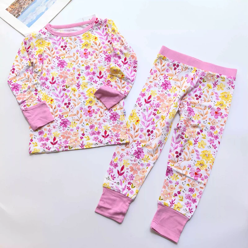 CHINEE Custom Toddler Baby Clothing Bamboo Sets Baby Sleepwear Printed Cheerful Floral Print Baby Clothing Cozy Long Sleeve Pajamas