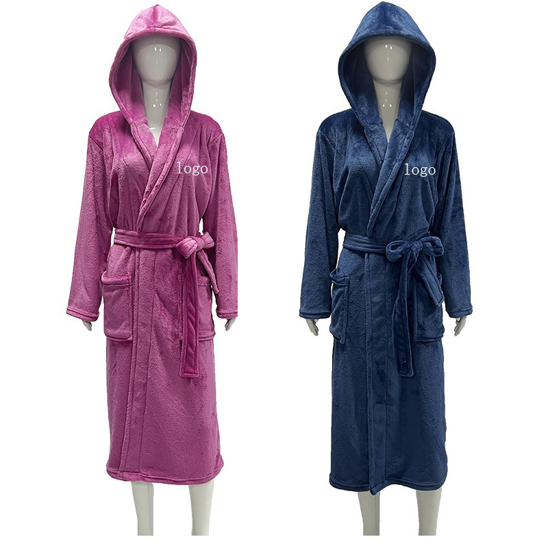 CHINEE Custom Unisex Flannel Fleece Bathrobe For Women Winter Long Men Sleepwear Spa Bath Hooded Robe