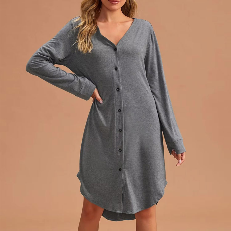 CHINEE Custom V neck Long Sleeve Button Lounge Dress Viscose From Bamboo Women's Sleep Night Shirt