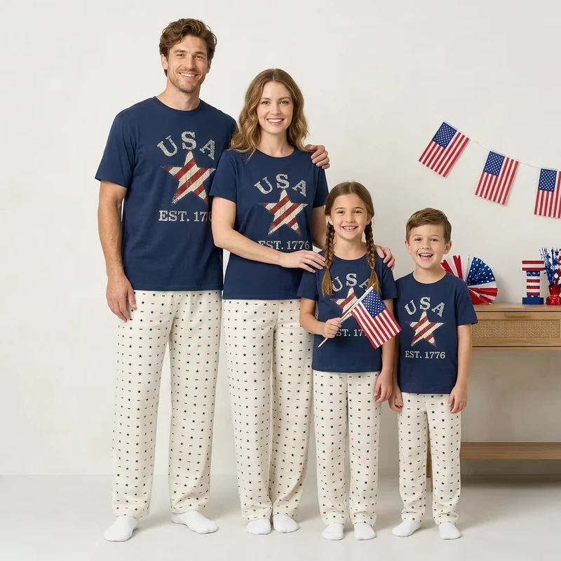 CHINEE Custom Women Summer Independence Day Sleepwear 4th Of July 3D Digital Printing Home Wear Family Pajamas Set