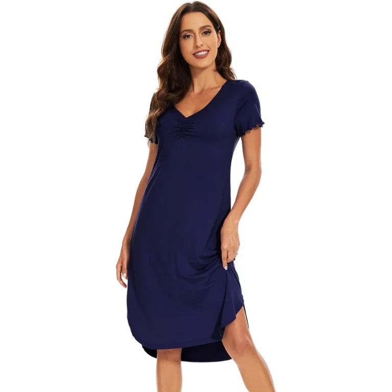 CHINEE-Custom-Womens-Nightgown-Soft-Viscose-Bamboo-Short-Sleeve-Summer-Crewneck-Pajama-Dress-Navy-Loungewear-Modal-Cotton-Night-Dress