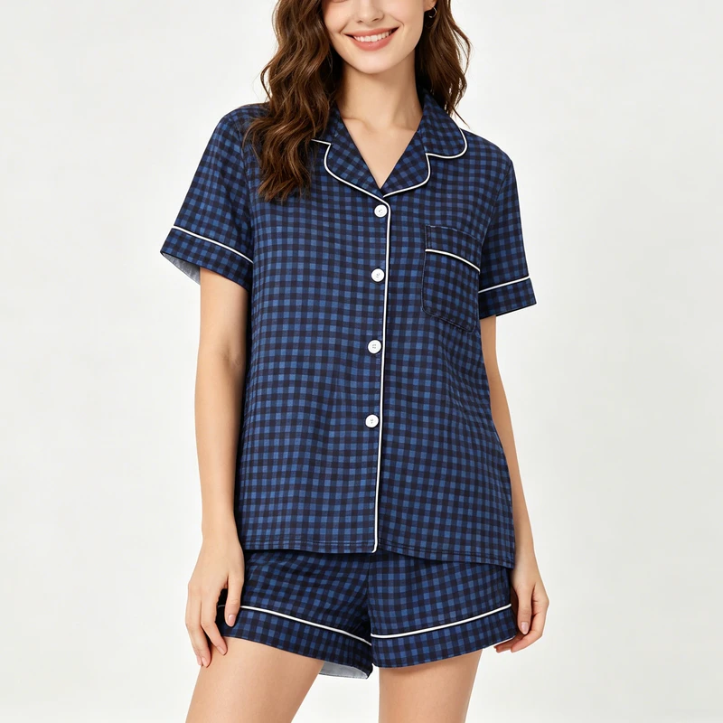 CHINEE Custom Women's Plaid Homewear Short Sleeve Teen Girls Nightwear Lady Pijama Set Loungewear Nightgown Pajamas for Teen Girls