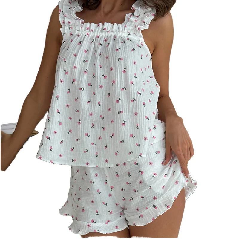 CHINEE Customizable Women's Casual Sleepwear Set Sleeveless Cotton Pyjama Shorts Summer Elastic Waist Closure 2 Pcs Nightnights