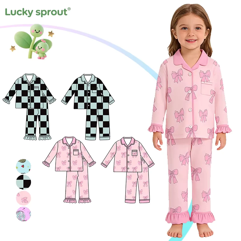 CHINEE Customization Baby Girl Pajama Pink Bow Ruffle Button Down PJ Set Kids Clothing Little Girls Sleepwear Pjs