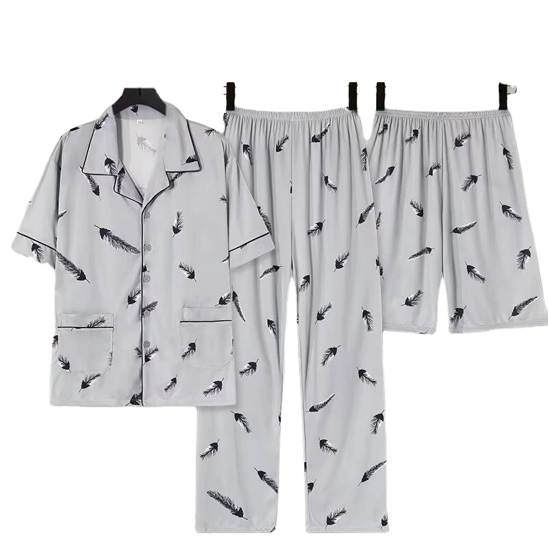 CHINEE Customize Pyjamas Men 100% Cotton Pajamas Sets Short Sleeve Sleepwear 3Pcs Button-Down Casual Breathable Thermal Loungewear PJs