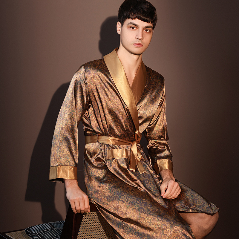 CHINEE Customize Pyjamas Nightrobes Men Summer Thin Bathrobe Large Size Ice Silk Printed Pajamas One piece Robe Male Loungewear Gents