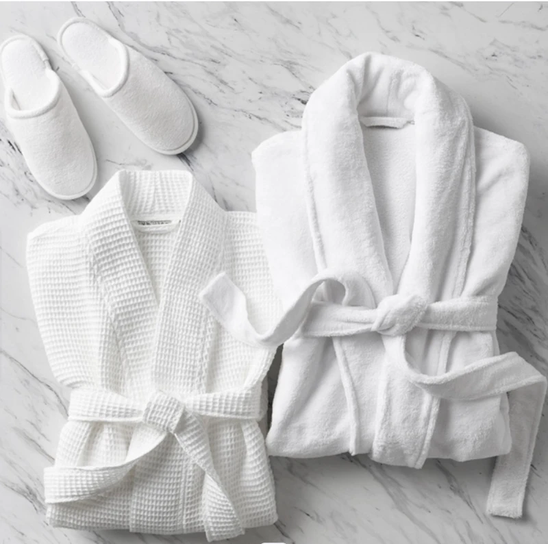 CHINEE Customized 100% Cotton Double Layer Spa Robe Luxury Hotel White Unisex Waffle Terry Bathrobe Slipper Set