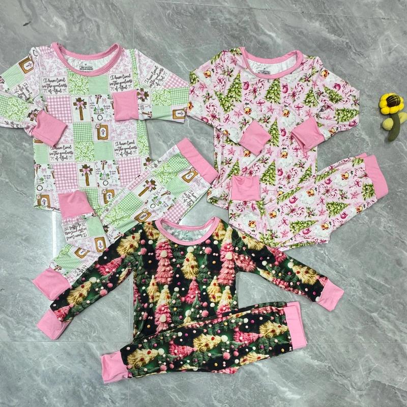CHINEE Customized Casual Newborn Bamboo Soft Pajama Set Girls' Long Sleeve Christmas Print with Hip Pocket Children's Clothing