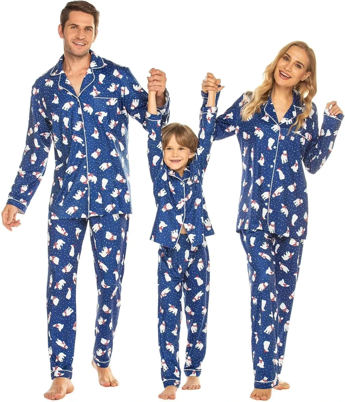 CHINEE Customized Christmas Family Matching Woolen Pajamas Long Sleeve Button Festival Party Sleepwear for Women Men Kids Nightwear