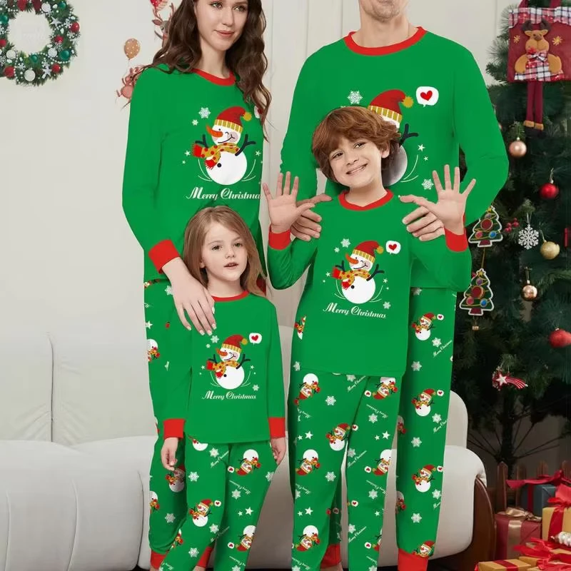 CHINEE Customized Green Christmas White Pajamas Family Printed Xmas Family Matching Outfits Two Pieces Sleepwear