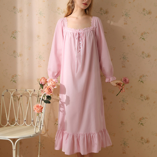 CHINEE Customized Long Sleeve Nightgown Pajamas Dress Lounge Vintage Cotton Night Dresses for Women